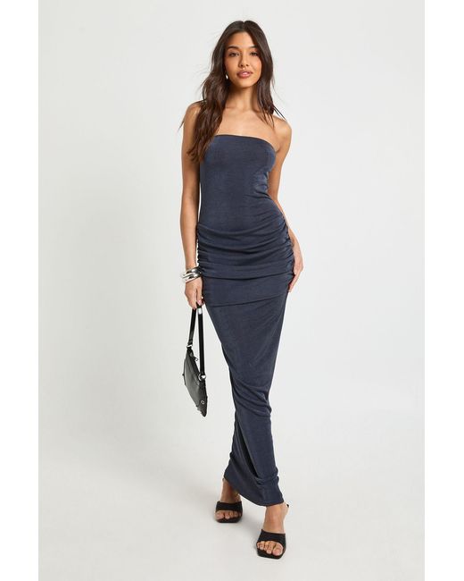 Boohoo Blue Bandeau Drape Waist Slinky Maxi Dress