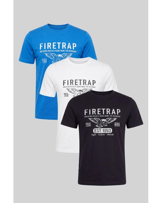 Firetrap Blue Multi 3 Pack Regular Fit Cotton Crew T-Shirts for men