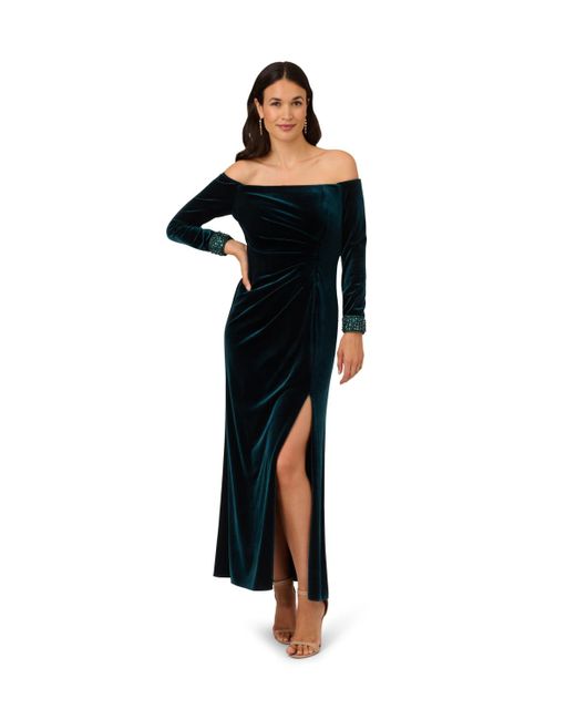 Adrianna Papell Black Velvet Off The Shoulder Gown