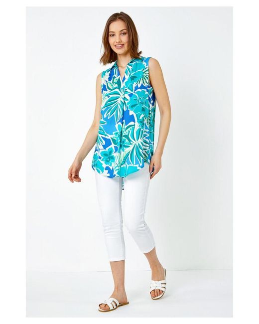 Roman Blue Sleeveless Tropical Print Overshirt
