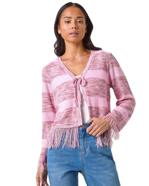 Roman Pink Petite Tassle Stripe Cardigan