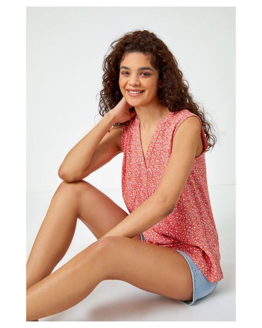 Roman Blue Sleeveless V-Neck Ditsy Floral Print Top