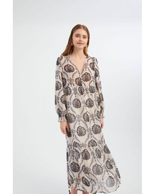 Hiccup White Abstract V Neck Buttoned Tiered Maxi Dress