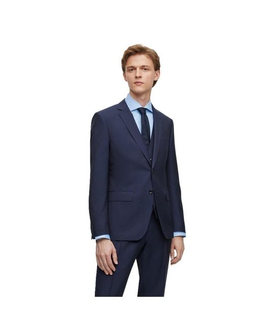 Boss Blue Solid Patterned Notch Collared Full Suit for men
