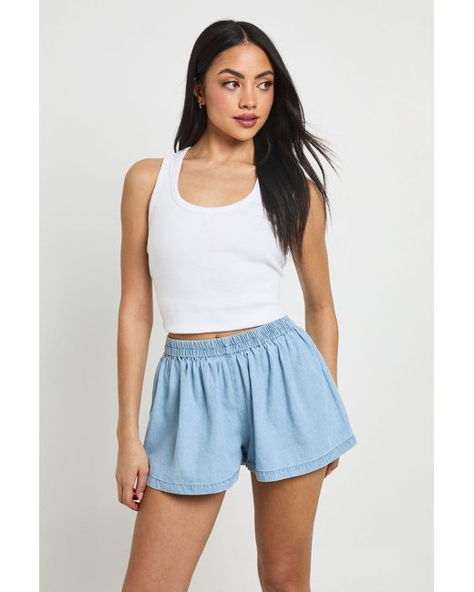 Boohoo Blue Chambray Mid Rise Flippy Short