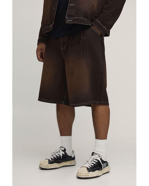 BoohooMAN Black Plus Tinted Washed Pleat Front Parachute Longline Denim Jorts for men