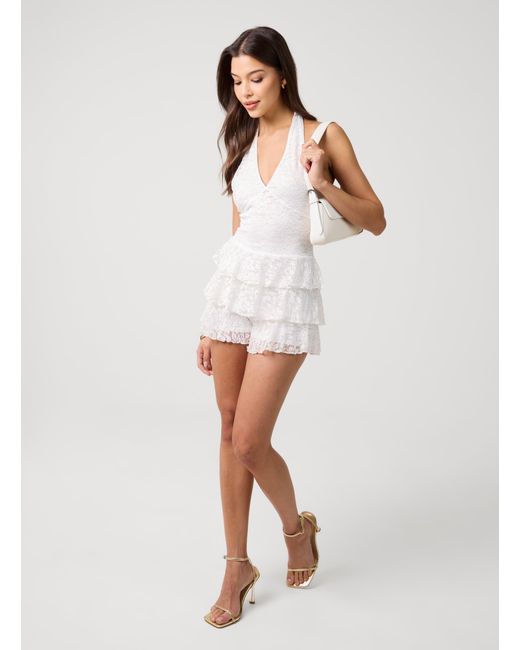 Pink Vanilla White Lace Halterneck Tiered Mini Dress With Shorts