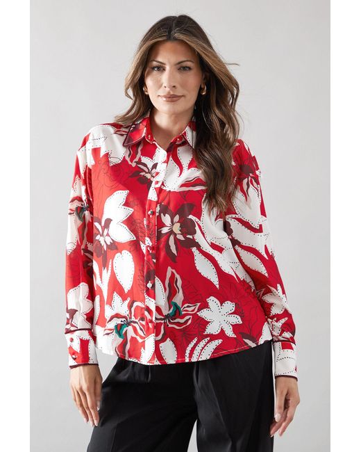 Wallis Red Floral Piping Detail Pocket Shirt