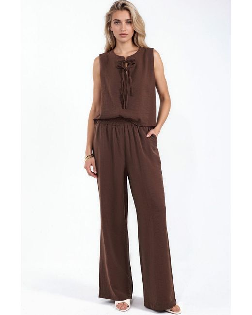 Hiccup Brown Viscose Blend Blouse With Tie Detail & Elastic Waist Pants Set