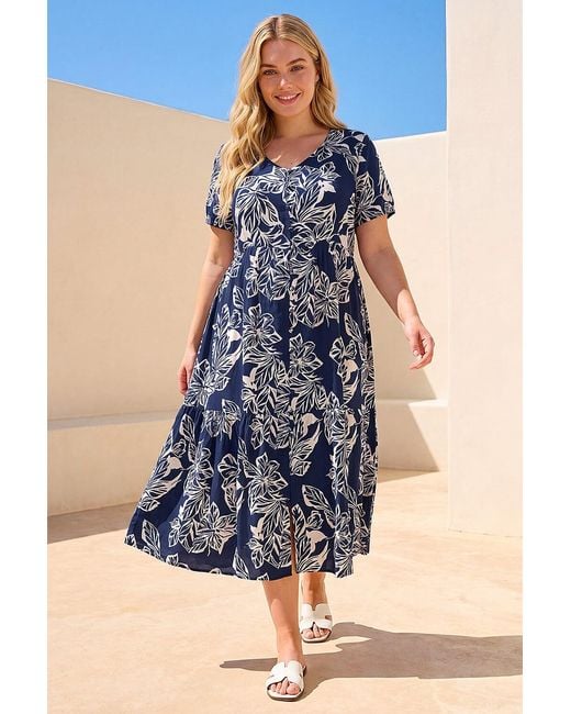 Roman Blue Curve Floral Print Tiered Midi Dress