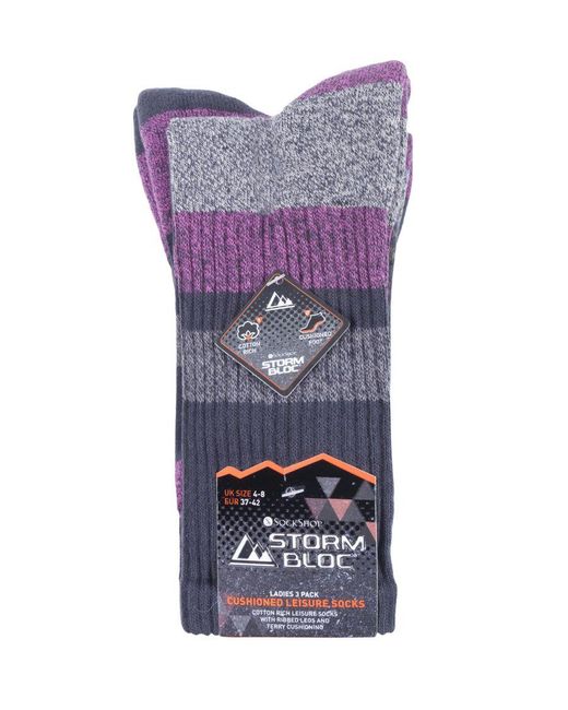 Storm Bloc Purple 3 Pairs Ladies Anti Blister Cotton Hiking Socks With Padded Sole