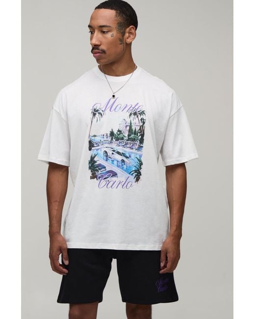 BoohooMAN White Oversized Monte Carlo Location Print T-Shirt & Short Set for men