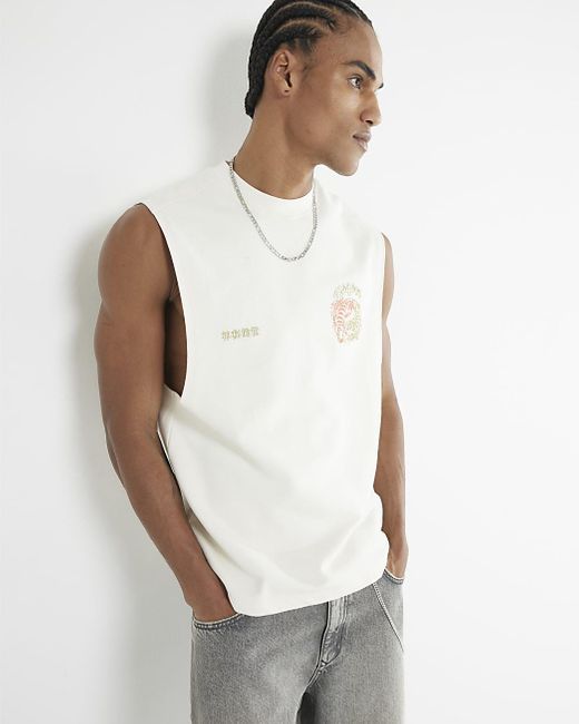 River Island White Tank Top Japanese Yin Yang for men