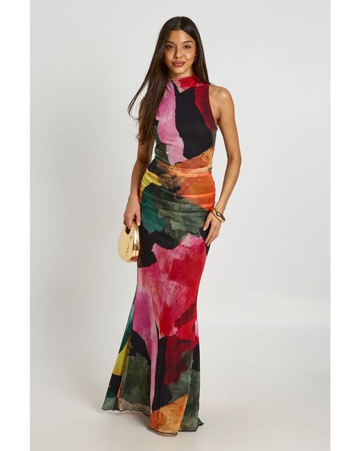 Boohoo Red Bright Floral Ruched Bodice Open Back Maxi Dress