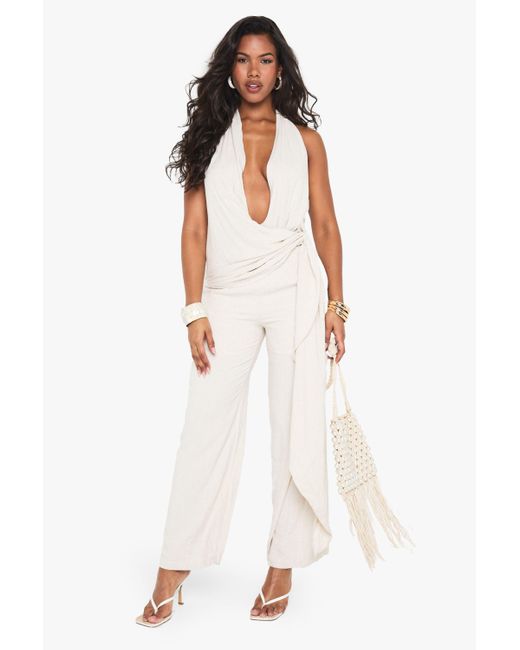 Boohoo White Linen Look Drape Cowl Wrap Jumpsuit