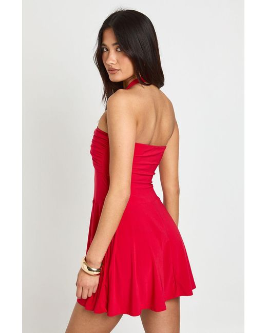 Boohoo Red Slinky Ring Detail Halterneck Mini Dress