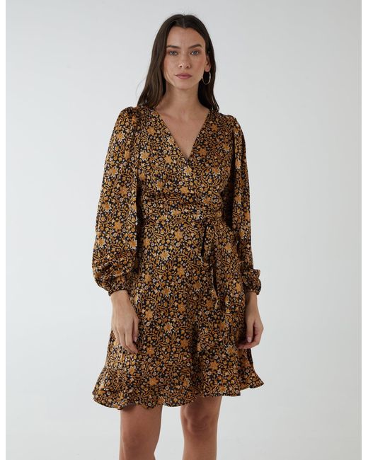 Blue Vanilla Brown Ruffle Fixed Wrap Tie Dress