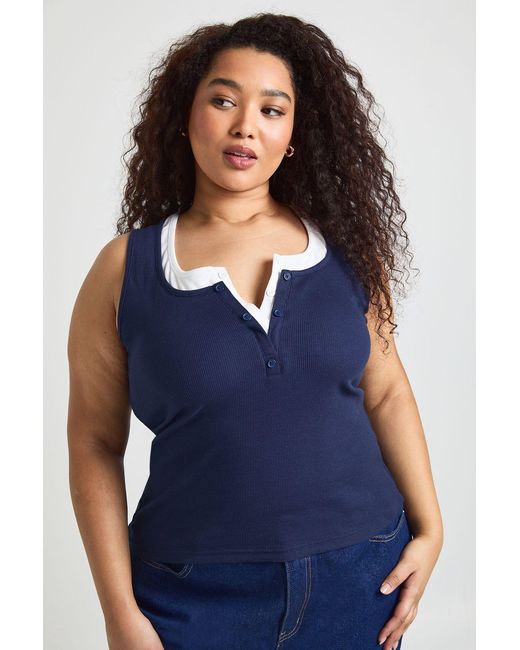 Boohoo Blue Plus Ribbed Contrast Henley Button Vest Top