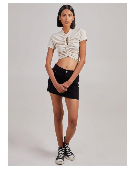 Pink Vanilla White Short Sleeve Gathered Keyhole Ribbed Top