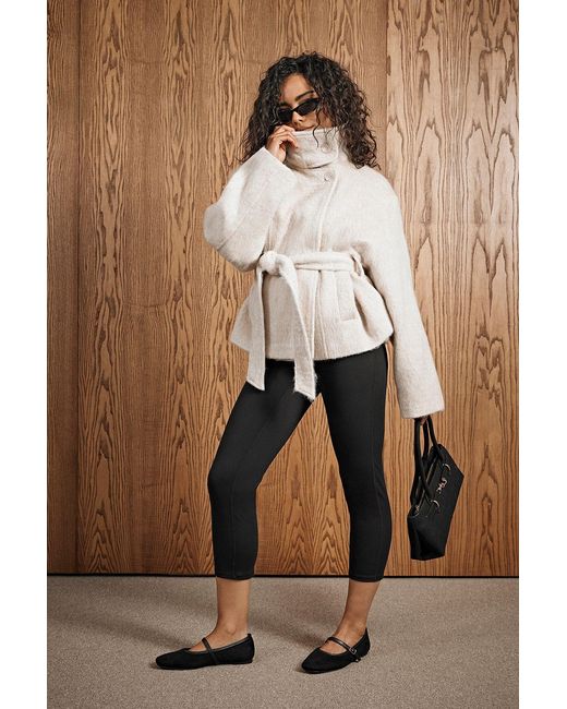 Boohoo Brown Funnel Neck Belted Wool Blend Jacket