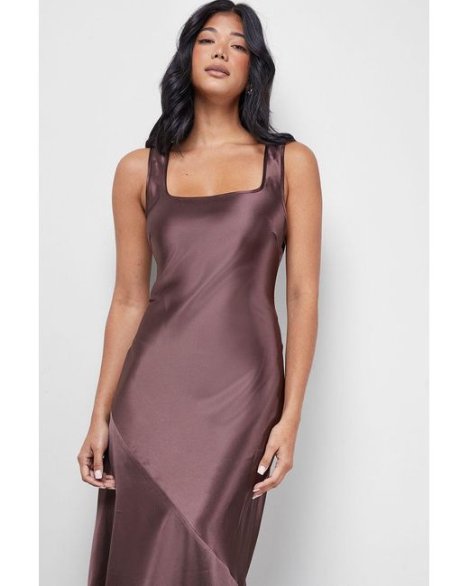 Warehouse Brown Satin Scoop Neck Bias Midi Slip Dress