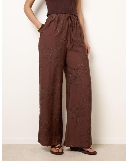 Blue Vanilla Brown Embroidered Pattern Wide-Leg Trousers