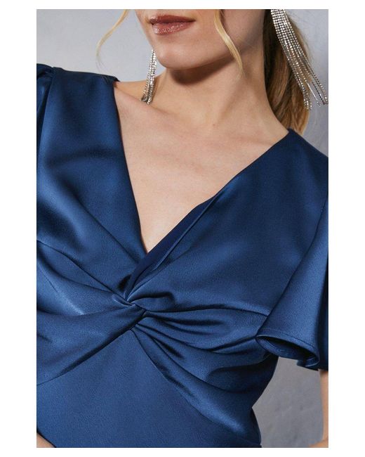 Oasis Blue Satin Twist Front Angel Sleeve Midi Bridesmaids Dress