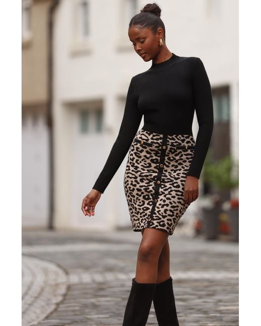Quiz Knit Leopard Print Jumper Dress in Black Lyst UK