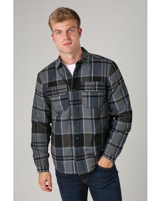 Tokyo Laundry Gray Dark Cotton Checked Long Sleeve Shirt With Sherpa Lining for men