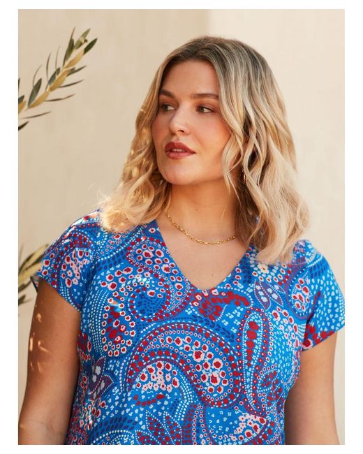 Live Unlimited Blue Multi Paisley Print V-Neck Dress