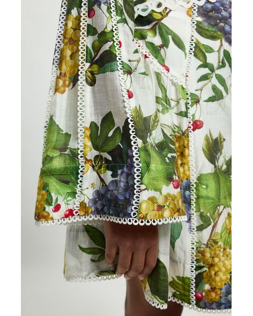 Karen Millen Green Plus Size Fruit Print Tape Detail Long Sleeve Woven Mini Dress