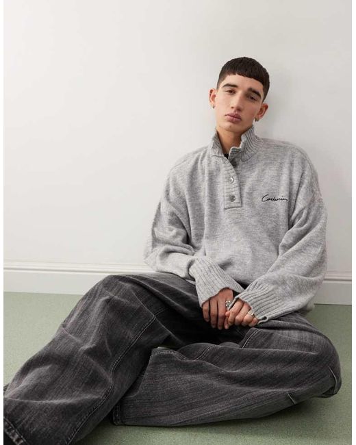 Collusion Gray Half Button Up Knitted Jumper for men