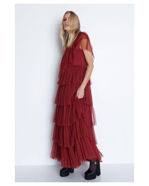 Warehouse Red Tulle Asymmetric Ruffle Maxi Dress