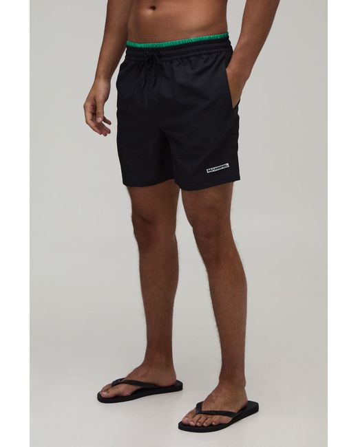 BoohooMAN Black Contrast Double Waistband Mid Length Swim Short for men