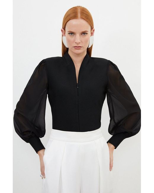 Karen Millen Black Bandage Figure Form Zip Detail Chiffon Sleeve Knit Top