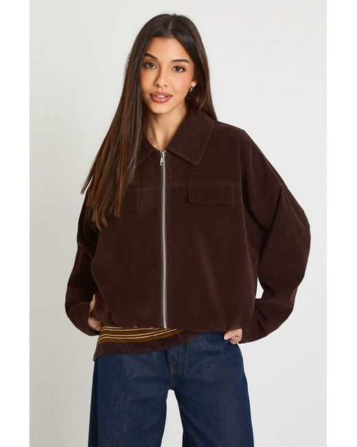 Boohoo Brown Faux Suede Bubble Hem Bomber Jacket