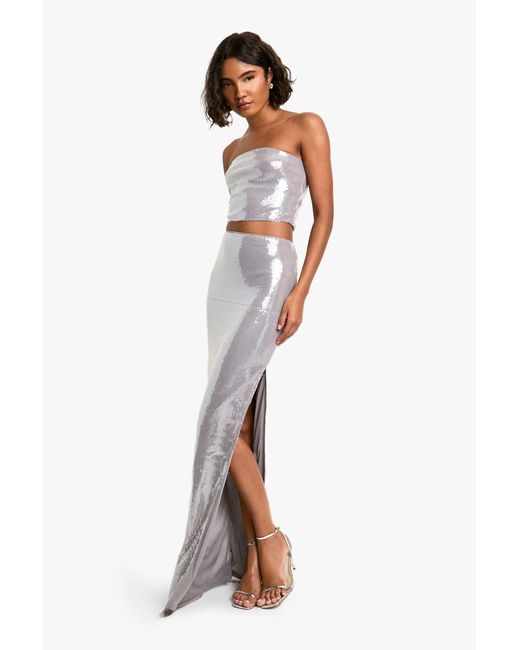 Boohoo White Tall Sequin Bandeau And Maxi Skirt Co-Ord