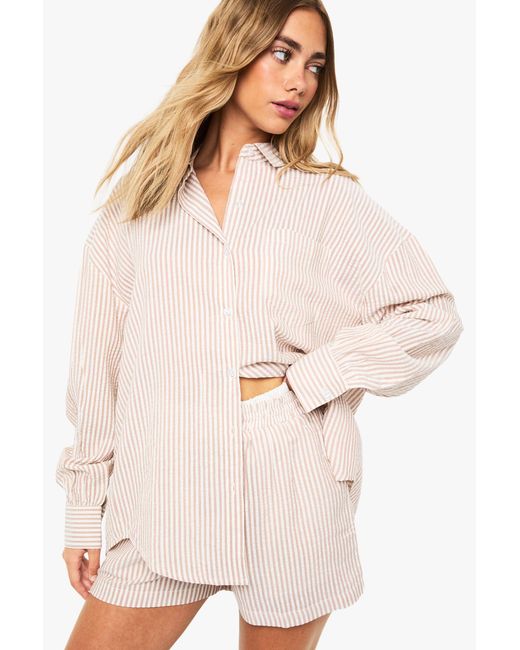Boohoo Natural Textured Stripe Contrast Waistband Shorts
