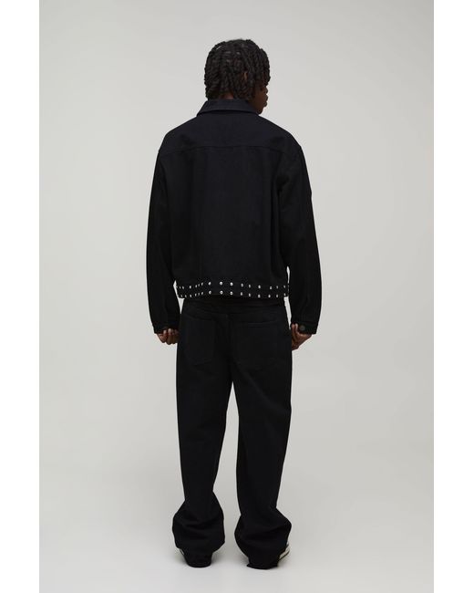 BoohooMAN Black Studded Western Oversized Boxy Denim Jacket for men