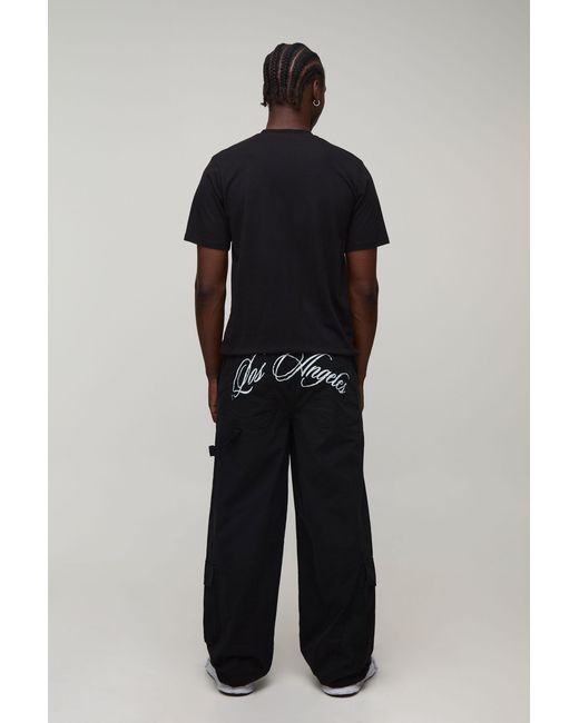 BoohooMAN Black Tall Baggy Fit La Gusset Cargo Trousers for men