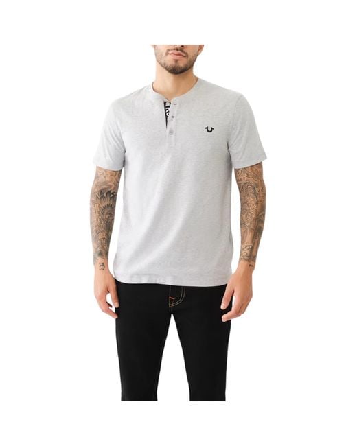 True Religion Gray 108426 Henley T Shirt Short Sleeve Logo Placket Cotton Tee for men