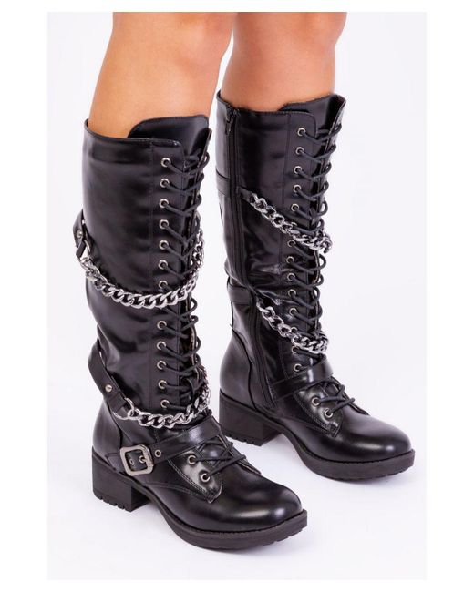 Where's That From Black Rocky Calf Lace Up Boot With Double Chain Design