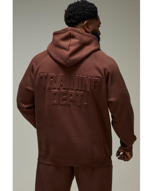 BoohooMAN Brown Training Dept Oversized Embossed Hoodie for men