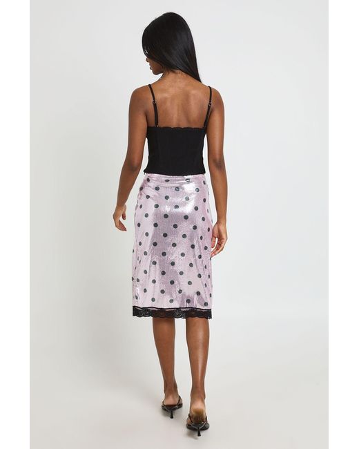 Boohoo Pink Polka Dot Printed Sequin Midi Skirt