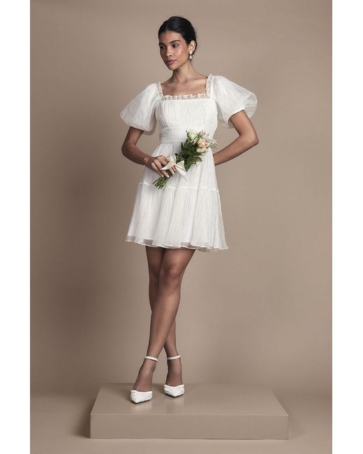 Oasis Brown Puff Sleeve Organza Mini Bridal Dress