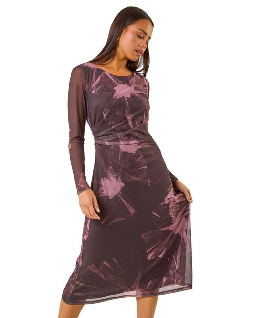Roman Red Petite Abstract Mesh Stretch Midi Dress