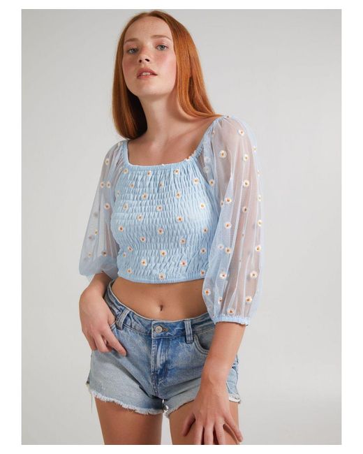 Pink Vanilla Gray Mesh Daisy Embroidery Crop Top