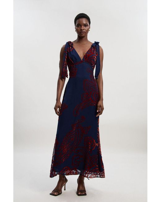 Karen Millen Blue Paisley Devore Plunge Woven Midi Dress