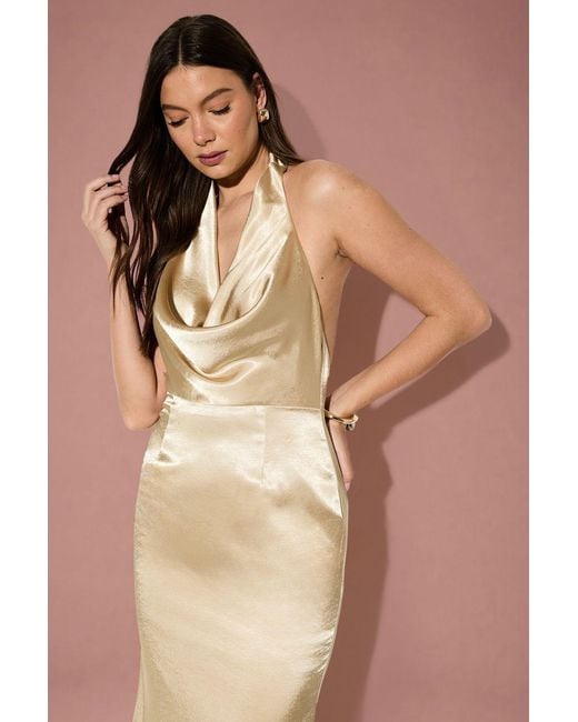MissPap Natural Premium Plunge Cowl Open Back Satin Maxi Bridesmaid Dress