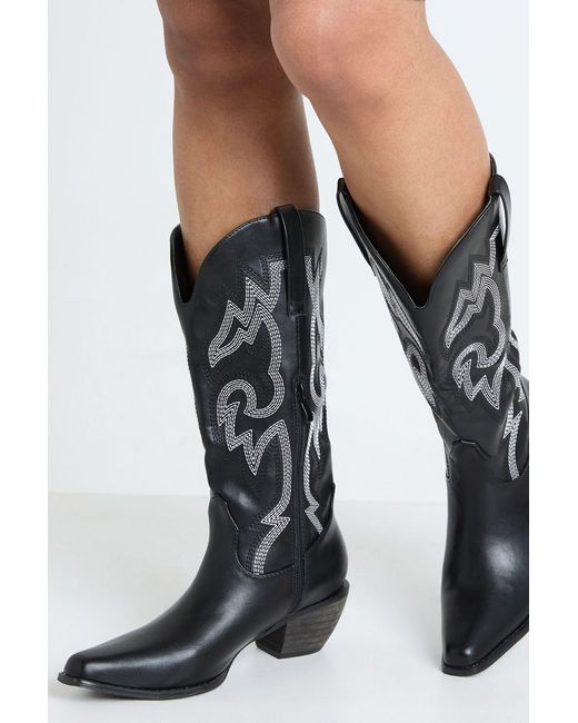 Boohoo Black Contrast Stitch Detail Knee High Western Boots